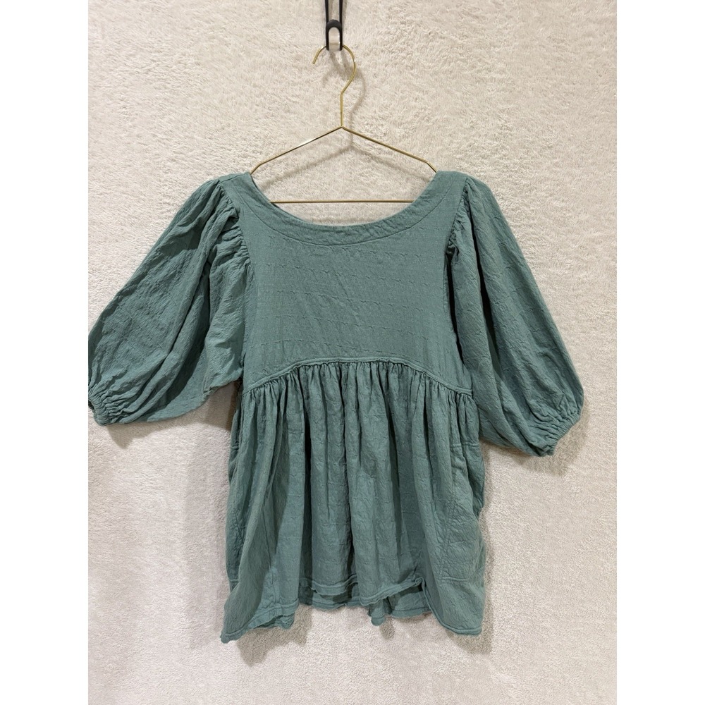Free People FP Beach Green Cotton Babydoll Mini Dress Balloon Sleeve XS Cottage